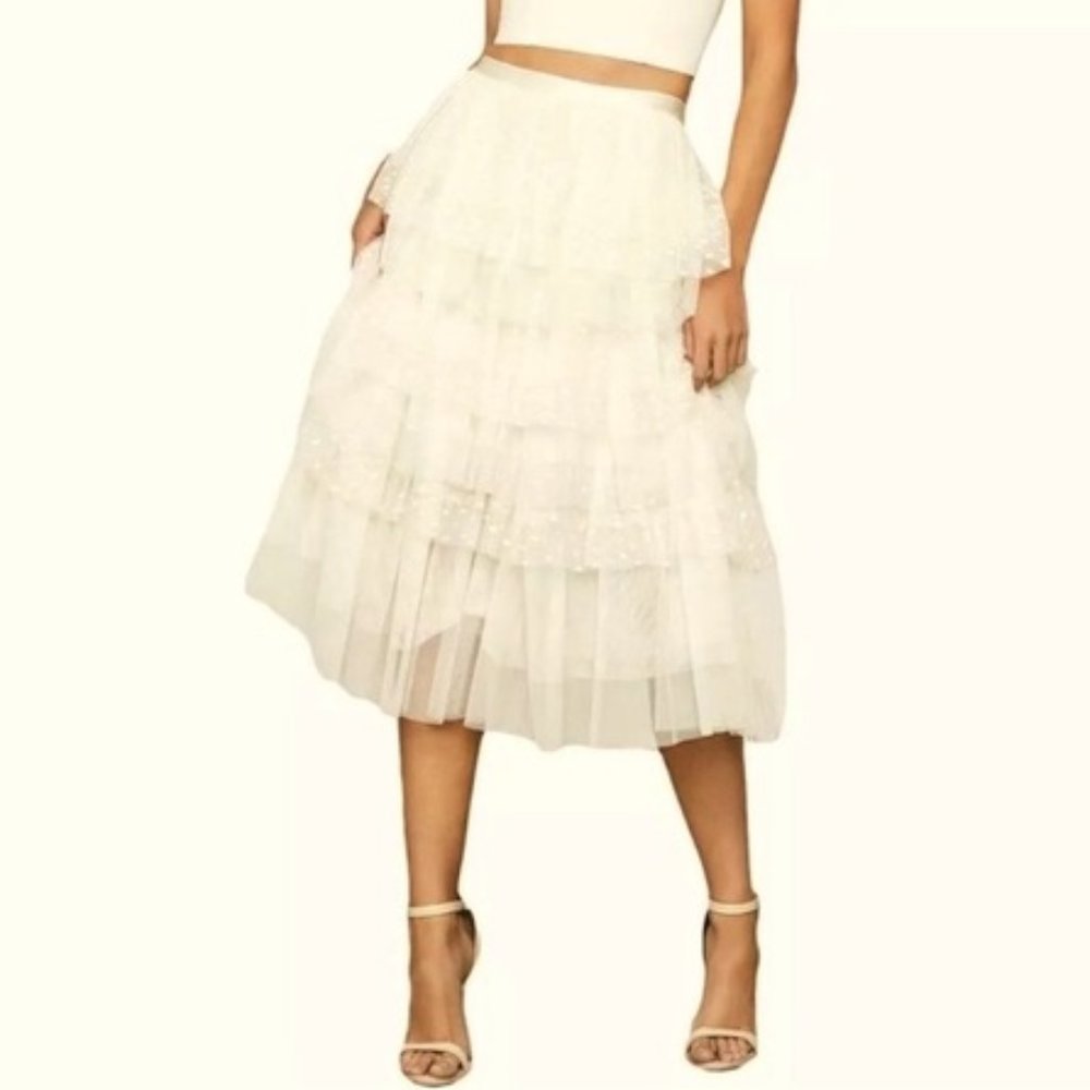 BCBG Max Azria White Tulle Layered Midi Skirt